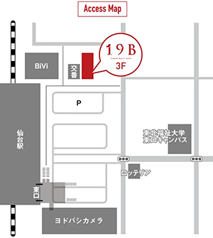 仙台駅東口から徒歩2分で仙台駅東口交番のとなりを示す地図
